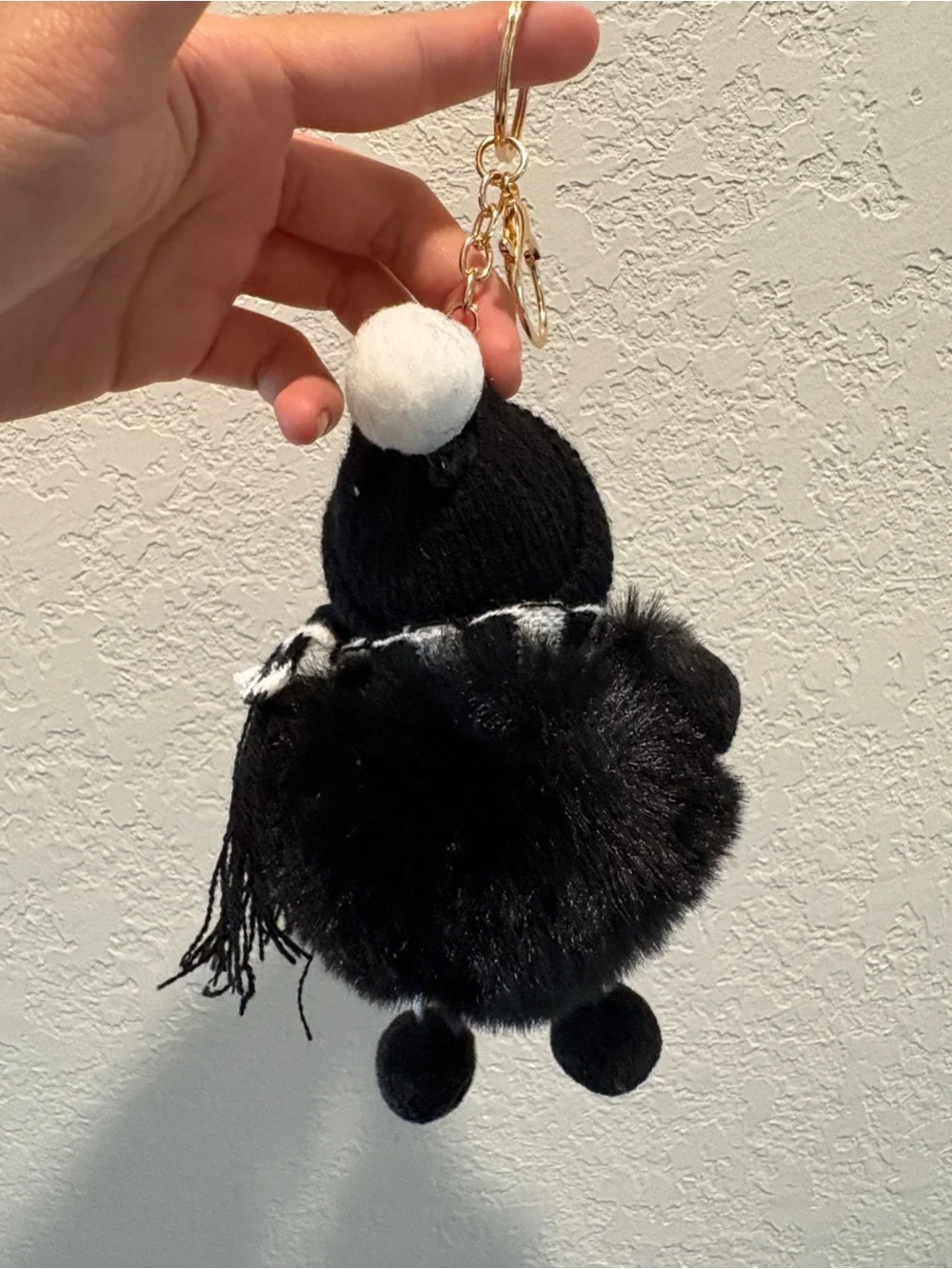 Plush Pom-Pom Doll Bag Charm Keychain with Black Knit Hat and Scarf